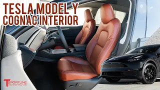 Full Custom Vegan Leather "Cognac" Color Interior for Tesla Model Y - Factory Upgrade Reimagined!
