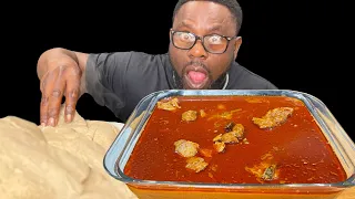 ASMR FUFU & PALMNUT SUOP ( BANGA SOUP) with GOAT MEAT, COW LEG, BEEF & MACKEREL FISH| (Large bite!)