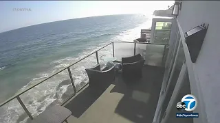 New video shows the moment a balcony in a Malibu home collapsed injuring 9 people.| ABC7