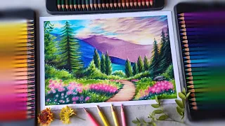Beautiful scenery drawing with brustro coloured pencils | drawing and arts uday | nature scenery