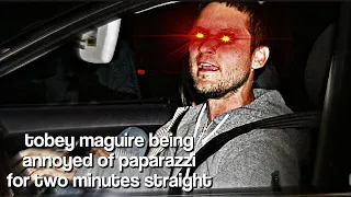 tobey maguire being annoyed of paparazzi for two minutes straight