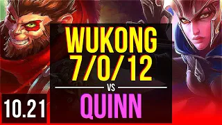 WUKONG vs QUINN (TOP) | 7/0/12, Godlike, 300+ games | EUW Master | v10.21