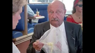 Donald Pleasence devours sauceless spaghetti at Wendy's Salad Bar