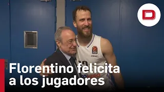 La visita de Florentino al vestuario para felicitar a los jugadores del Real Madrid de baloncesto