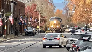 Driver Afraid To Turn In Front Of Street Running Train!  Train Running Down Middle Of Main Street