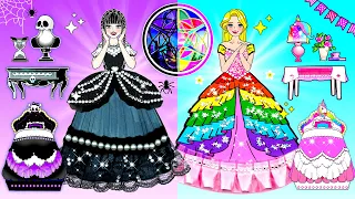 Paper Dolls Dress Up -  Black Wednesday Addams VS Rainbow Rapunzel House -  Barbie Contest Handmade