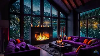 4K ❄️ Snowfall and Relaxing Fireplace Sounds in Lake View Room | Sleep, rest, study🔥