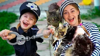 Margo pretend play Policeman investigating the disappearance of a home cat