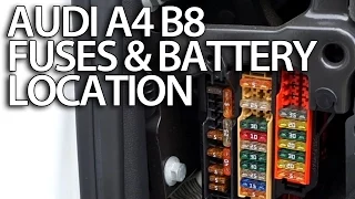 Where are fuses and battery in Audi A4 B8 (fusebox location, positive terminal for jumpstart)