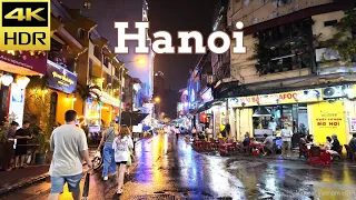 4K HDR | Hanoi Night Rain Walk - Vietnam Nightlife | Binaural Sound