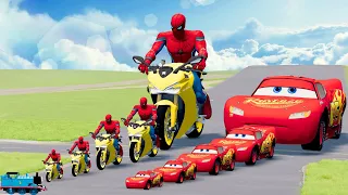 Big & Small: Spiderman on a Motorcycle vs McQueen vs Thomas the Train | BeamNG.drive