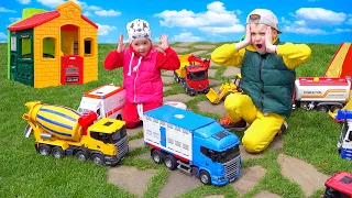 Cars Fuel truck, Excavator, Truck hit in the rain Children Build a Garage for Bruder cars