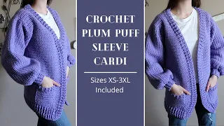 XS-3XL | Crochet Plum Puff Sleeve Cardigan | DIY Tutorial & Pattern