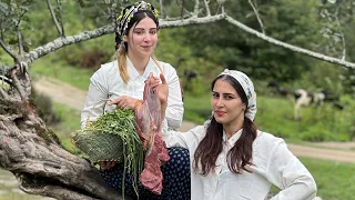 Cooking broth in a traditional style in a beautiful village