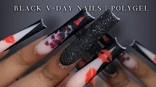 BLACK VALENTINES DAY POLYGEL NAILS🖤💋💕 V French Tip + Black Glitter Nails