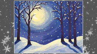 Зимний ночной пейзаж. Рисование. Landscape.