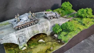 DIORAMA WITH TANK Pz4 "The tank goes through the bridge and tows the car" OWN HANDS.Tank diorama WW2