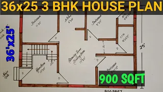 36x25 3 BHK House plan ll 900 square ft 3 room set ll घर का नक्शा ll 36'x25' ll