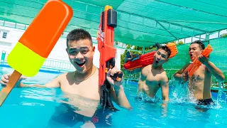 GO SWIMMING NERF GUNS Dispute Fruit ICE CREAM BATTLE | Action Nerf War