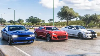 Forza Horizon 5 Drag race: Dodge Challenger SRT Hellcat vs Camaro ZL1 vs Ford Shelby GT500 (2013)