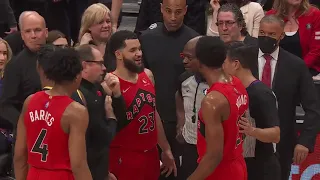 The Raptors-Pacers game has been paused due to a fire affecting a speaker inside Scotiabank Arena