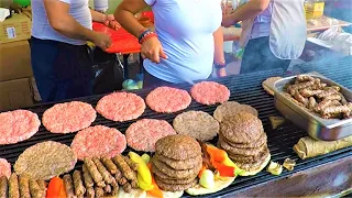 Large Burgers, Roast Beef Blocks, Pork Knuckles, Churrasco, Grilled Octopus. Italy Street Food