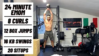 24 Minute EMOM - Curls, Box Jumps, Kettlebell Swings, Situps