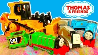 CAT Bulldozer, Kinetic Sand, Thomas & Friends Train Wrecking Toy Mashup FUN