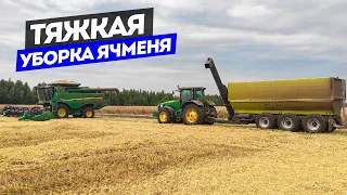 Работа с прицепом-перегрузчиком, с тремя комбайнами John Deere S660/S670.