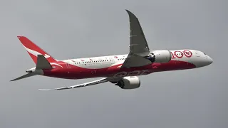 London Heathrow 09R Heavy Departures. Planespotting in 4K ft Qantas B787 100 years livery