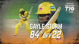 gayle 84 off 22 balls |  12 ball fifty |Abu Dhabi |T10| 9,9,9,9,9,9,9,9,9,4,4,4,4,4,4 |universe boss