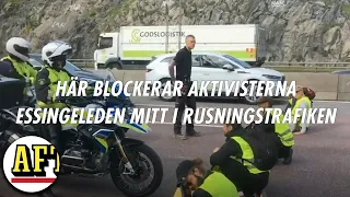 Här blockerar aktivisterna Essingeleden i morgontrafiken