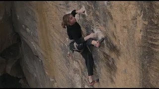 Ada Cronin climbs No Redemption. (13b/8a) Red River Gorge, Kentucky.