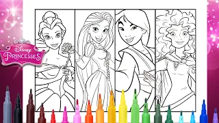 Coloring Page Princesses ALL TOGETHER BELLE RAPUNZEL MULAN MERIDA - Disney Princess Compilation