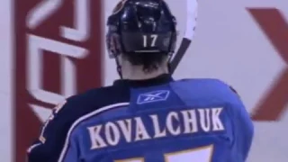 Ilya Kovalchuk scores a hat-trick vs Flames and Curtis Joseph (13 mar 2008)