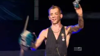 Chainsaw juggling on giant unicycle!!!! Amazing and dangerous act ON LIVE TV!!!!!!