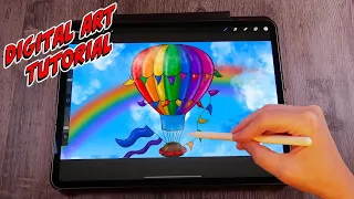 Rainbow Hot Air Balloon in the Clouds - Digital Art Illustration - Procreate Tutorial