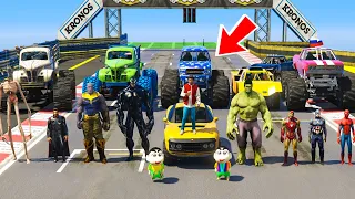 GTA 5 : SHINCHAN AND AVENGER ARMY WITH MONSTER TRUCK IN MEGA RAMP CHALLENGE #7! (GTA 5 mods)