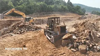 Bulldozer Mountain New Road Construction In Forest Dozer Hard Working Pushing Clearing Big Stone