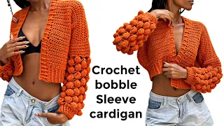 Crochet bobble sleeve cardigan | crochet statement sleeves cardigan | crochet cardigan tutorial