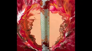 (802) Acrylic Pouring Diptych Painting on Resin Take 2! Deep Carmine and Peach!