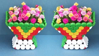 Great Flower Pot, Recycling Plastic Bottle Cap Makes Beautiful Flower Pots For Small Garden