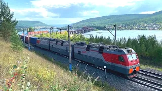 Russian freight trains in Eastern Siberia in summer time. Russian Railway