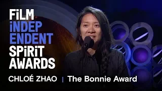 CHLOÉ ZHAO wins the Bonnie Award at the 2018 Film Independent Spirit Awards