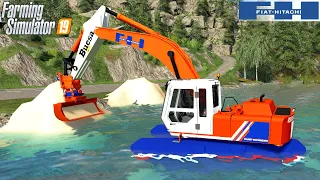 Farming Simulator 19 - HITACHI Big Float Amphibious Excavator Digging Sand From The Lake