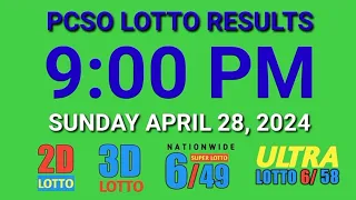 9pm Lotto Results Today April 28, 2024 Sunday ez2 swertres 2d 3d pcso
