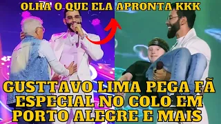 Gusttavo Lima recebe senhorinha e fã especial no palco e olha o carinho que ele tem com eles