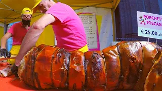 Italy Street Food. Biggest 'Porchetta' Ever, Raclette Melted Cheese, Mixed Meat on Grill more Food