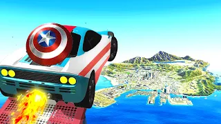 Jumping MARVEL CARS Across GTA 5! (Impossible!)