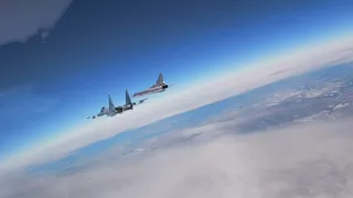 SU-35 Escorts Tu-22m3 bombers of the Russian Aerospace Forces over Belarus during Union Courage-2022